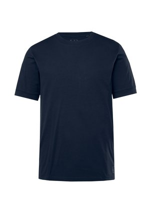 Donkerblauwe katoenen T-shirt met een klassieke ronde hals, korte mouwen en een rechte zoom. Glad oppervlak zonder zichtbare patronen of accenten.