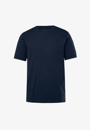 Marineblaue Baumwoll-T-Shirt mit klassischem Rundhalsausschnitt, kurzen Ärmeln und geradem Saum. Glatte Textur ohne sichtbare Muster oder Akzente.