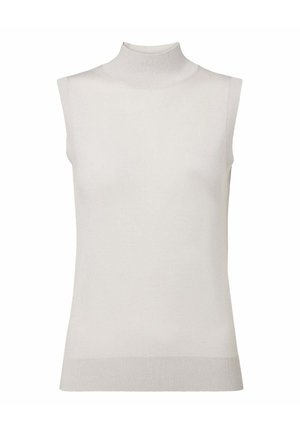 Mouwloze crèmekleurige gebreide top met nep hals en geribbelde zoom, weergegeven op een witte achtergrond.