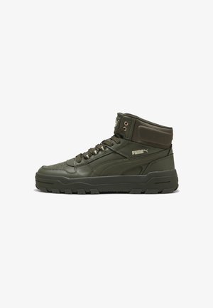 High-top olive green sneakers featuring a textured leather upper, padded collar, and rubber sole with a patterned tread design. Gold logo accent.