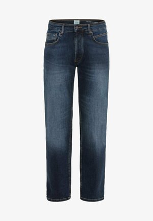 Luźne niebieskie dżinsy z zamkiem na guziki, pięcioma kieszeniami i kontrastowymi przeszyciami. Materiał ma gładką teksturę.