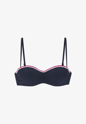 Navy modra bandeau bikinijasta zgornjega dela s prilagodljivimi naramnicami, valovitim rdečim in belim robom, nabrano tkanino in brezšivnim dizajnom.