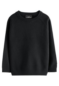 Pull noir en maille avec un col rond, des manches raglan longues et des poignets et ourlet côtelés. Texture douce, sans motifs ni ornements visibles.