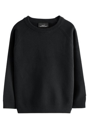 Sort strikket sweater med rund halsudskæring, lange raglanærmer og ribbede manchetter og kant. Blød tekstur, uden synlige mønstre eller pynt.