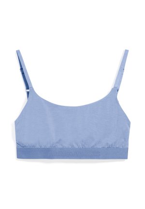 Himmelblaues Bralette mit dünnen verstellbaren Trägern, glatter Textur und einem elastischen Bund mit eingeprägtem Logo am unteren Rand.