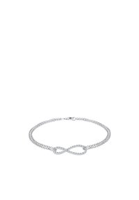 Zilveren armband met een infinity-symbool als het middelpunt, versierd met kleine heldere stenen, met een delicate ketting en een kreeftsluitning.