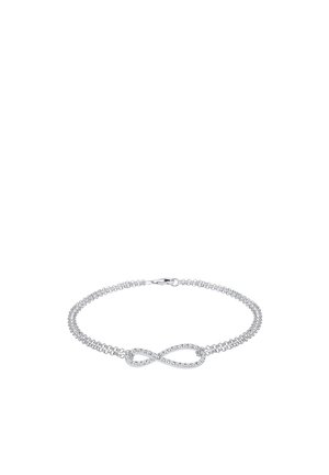 Silbernes Armband mit einem Unendlichkeitssymbol als Mittelpunkt, geschmückt mit kleinen klaren Steinen, ausgestattet mit einer zarten Kette und einem Karabiner-Verschluss.