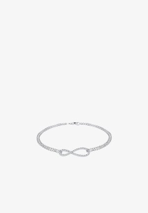 Silbernes Armband mit einem Unendlichkeitssymbol als Mittelpunkt, geschmückt mit kleinen klaren Steinen, ausgestattet mit einer zarten Kette und einem Karabiner-Verschluss.
