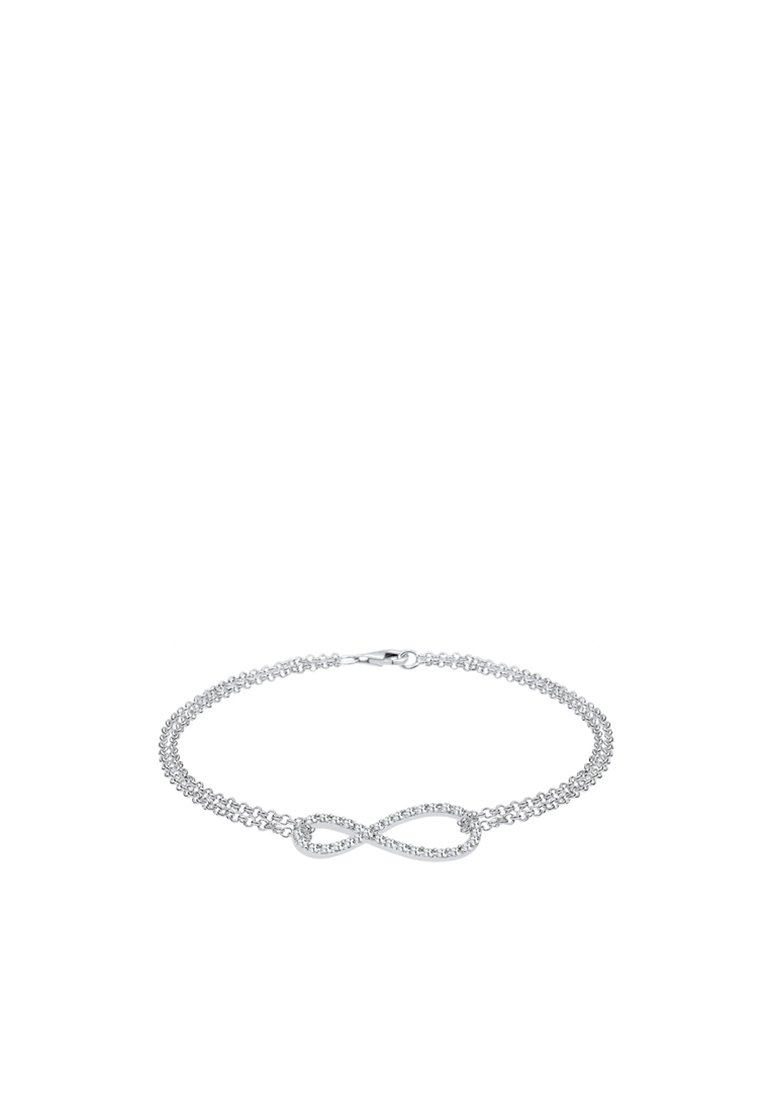 Zilveren armband met een infinity-symbool als het middelpunt, versierd met kleine heldere stenen, met een delicate ketting en een kreeftsluitning.