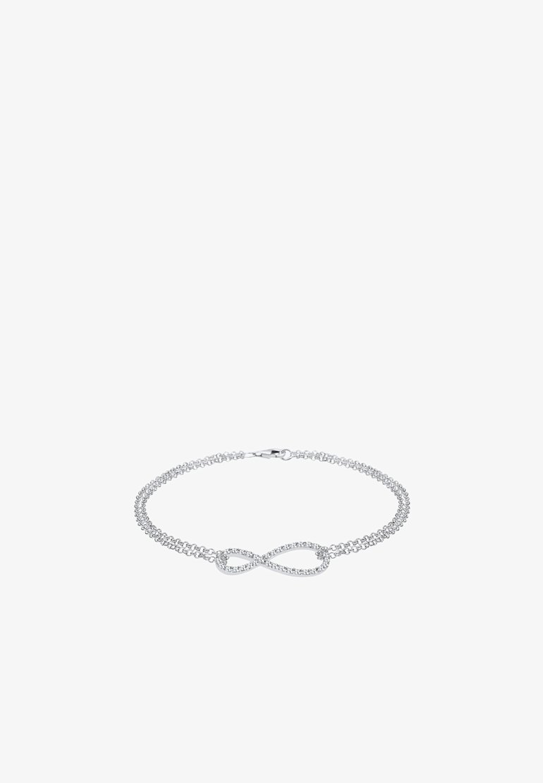 Silbernes Armband mit einem Unendlichkeitssymbol als Mittelpunkt, geschmückt mit kleinen klaren Steinen, ausgestattet mit einer zarten Kette und einem Karabiner-Verschluss.