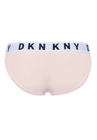 Slip beige in cotone con vita elastica bianca decorata con lettere blu navy. Texture liscia e forma arrotondata, progettato per il comfort.