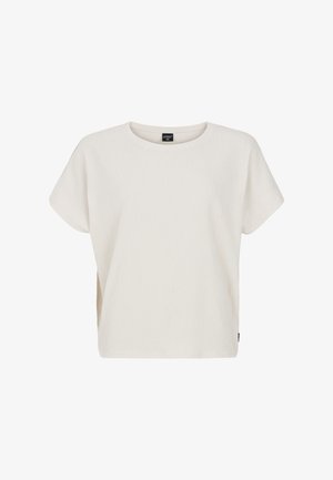 Bílý žebrovaný tričko s krátkým rukávem a kulatým výstřihem, s bočními rozparky, s měkkou strukturou a uvolněným střihem.