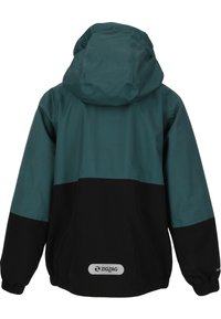 Teal og sort vandtæt jakke med hætte, der har elastiske manchetter og en logoetiket på den nedre ryg. Glat tekstur og løs pasform.