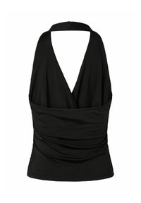 Haut noir sans manches avec découpe profonde en forme de V dans le dos et détail froncé autour de la taille, fabriqué en matière stretch lisse.