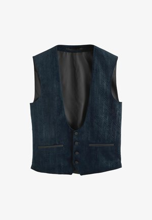 Navy blue men's vest with subtle geometric pattern, four front buttons, two horizontal welt pockets, and sleeveless design.