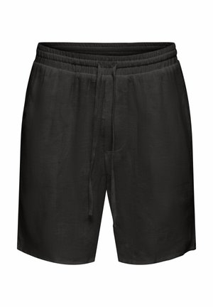 Schwarze Freizeithose mit elastischem Bund und vorderem Kordelzug, knielang, aus leichtem Stoff.