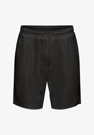 Mustad vabaajapüksid elastse vöökohaga ja ees nööriga, põlvikuni, kerge kangaga.