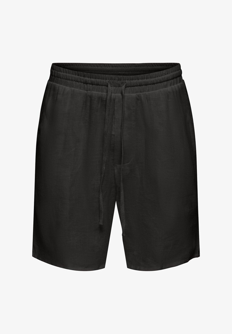 Shorts décontractés noirs avec taille élastique et cordon de serrage à l'avant, longueur genou, tissu léger.