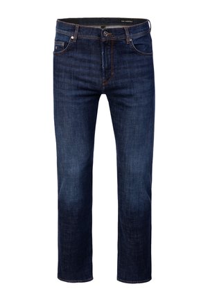 Tummansiniset suoralahkeiset farkut, joissa on etutaskut, nappikiinnitys ja näkyvät saumat.