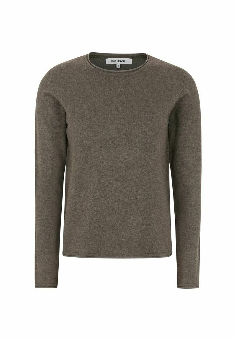 Langarm-Pullover mit Rundhalsausschnitt in Olivgrün. Weicher, strukturierten Stoff mit einer körpernahen Silhouette. Keine sichtbaren Muster oder Verzierungen.