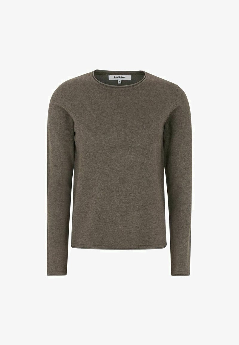 Langarm-Pullover mit Rundhalsausschnitt in Olivgrün. Weicher, strukturierten Stoff mit einer körpernahen Silhouette. Keine sichtbaren Muster oder Verzierungen.