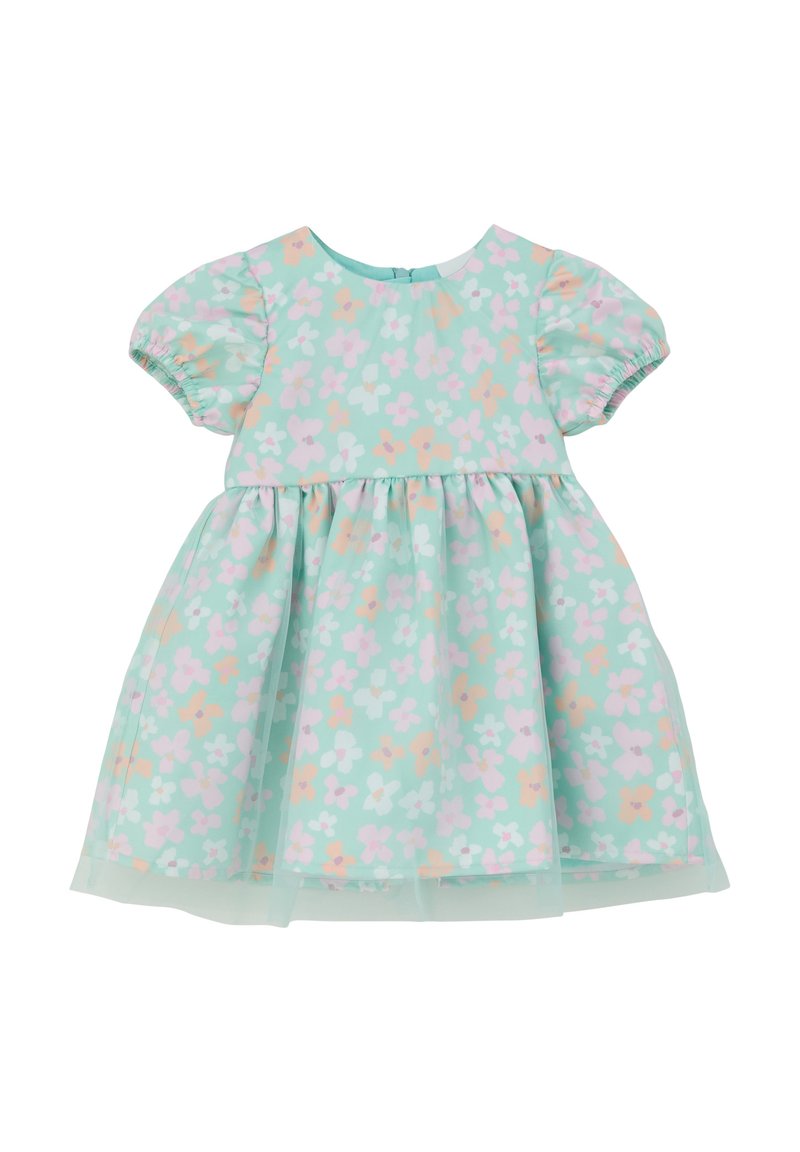 Mintgrünes Kleid mit kurzen Puffärmeln, floralen Mustern in Pastellfarben, gerafftem Rock und Knopfverschluss auf der Rückseite. Durchsichtiger Überzug am Saum.