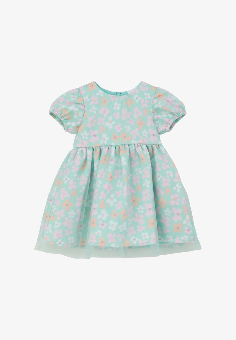 Mintgrünes Kleid mit kurzen Puffärmeln, floralen Mustern in Pastellfarben, gerafftem Rock und Knopfverschluss auf der Rückseite. Durchsichtiger Überzug am Saum.