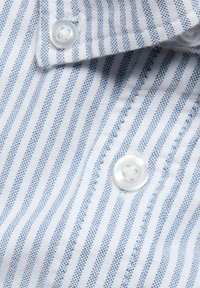 Gestreept shirt met dunne blauwe en witte lijnen, gemaakt van gestructureerde stof, met witte knopen en een puntige kraag.