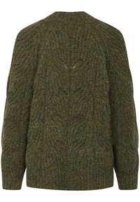 Zaļš adīts džemperis ar teksturētu virvju dizainu un apaļu kakla izgriezumu. Iezīmē garas piedurknes un brīvu piegriezumu. Aizmugures skats.
