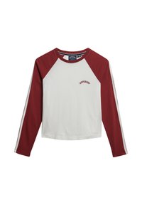 Langsleeve shirt met een witte basis en maroon raglanmouwen. Inclusief contrasterende zijstrepen en het "SUPERDRY" logo in het rood.