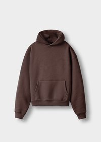 Brauner, oversized Hoodie aus weichem Stoff mit einer Kängurutasche, gerippten Bündchen und Saum. Verfügt über eine große Kapuze und ein einfaches Design.