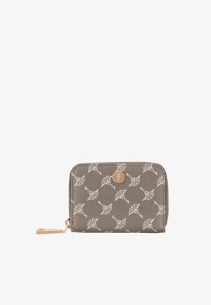 Compact gray wallet with a textured finish, featuring a white pattern and a gold-tone logo accent. Zipper closure and keyring attachment.