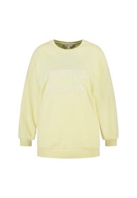 Lichtgele trui met lange mouwen, met reliëftekst "POSITIVE HEARTS" op de voorkant, een ronde halslijn en geribbelde manchetten en zoom.