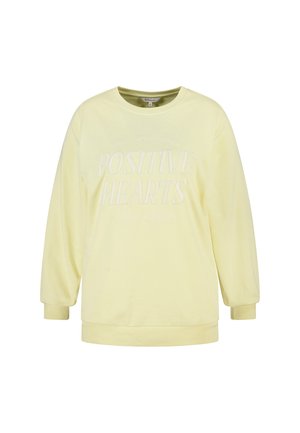 Sweat jaune clair à manches longues, avec texte en relief "POSITIVE HEARTS" sur le devant, encolure arrondie, poignets et ourlet côtelés.