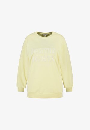 Sweat jaune clair à manches longues, avec texte en relief "POSITIVE HEARTS" sur le devant, encolure arrondie, poignets et ourlet côtelés.