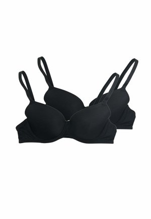 Due reggiseni imbottiti neri identici con spalline regolabili, mostrati sovrapposti su uno sfondo bianco.