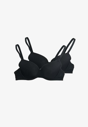 Due reggiseni imbottiti neri identici con spalline regolabili, mostrati sovrapposti su uno sfondo bianco.