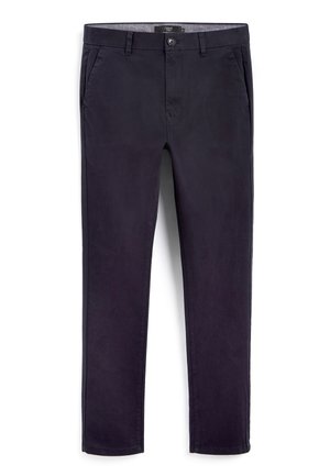 Mörkblå chinos i mjukt bomullstyg. Har framfickor, knappstängning och rak bendesign. Enkla sömdetaljer.