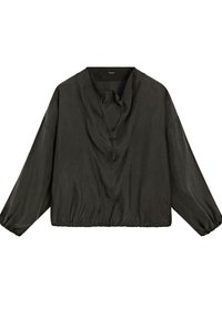 Dunkelgrauer, leichter Pullover mit drapiertem Ausschnitt, langen Ärmeln mit elastischen Bündchen und elastischem Saum für eine lockere Passform.