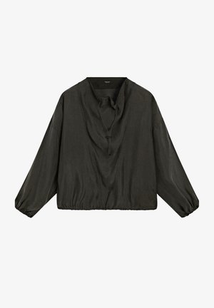 Pull léger gris foncé avec un col drapé, des manches longues à poignets élastiques et un ourlet élastique pour un ajustement décontracté.
