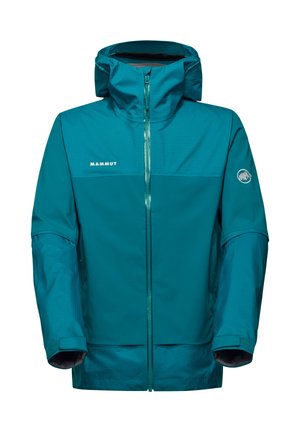 Teal Mammut-jakke med lynlåsfortil, høj krave og justerbar hætte. Har tekstureret stofpanel og logo på venstre ærme.