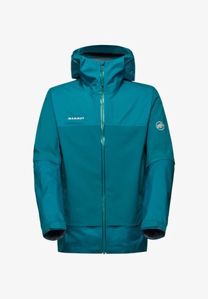 Tealfarbene Mammut-Jacke mit Reißverschluss vorne, hohem Kragen und verstellbarer Kapuze. Mit strukturiertem Stoffeinsatz und Logo auf dem linken Ärmel.