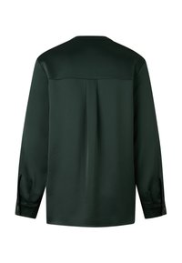 Dunkelgrünes langärmliges Hemd mit lockerem Schnitt, das eine detaillierte Rückenfalte und knöpfbare Manschetten aufweist. Glatter, leichter Stoff.