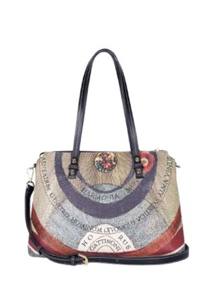 Borsa tote con manici e tracolla neri, caratterizzata da un motivo geometrico circolare multicolore con testo e dettagli floreali.