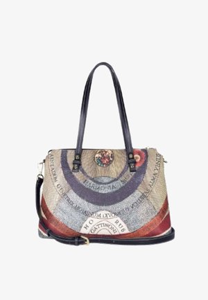 Borsa tote con manici e tracolla neri, caratterizzata da un motivo geometrico circolare multicolore con testo e dettagli floreali.