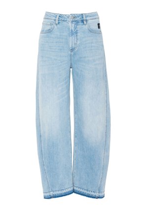 Gaismas zilas augsta jostasvietas džinsa bikses ar plašām kājslegām, priekšā ar pogu un rāvējslēdzēja aizdari, piecu kabatu dizains.