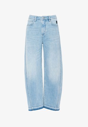 Gaismas zilas augsta jostasvietas džinsa bikses ar plašām kājslegām, priekšā ar pogu un rāvējslēdzēja aizdari, piecu kabatu dizains.