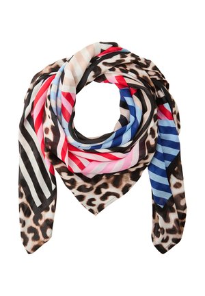 Monivärinen huivi, jossa leopaardikuvio ja vinoraitoja punaisessa, sinisessä, mustassa, valkoisessa ja beigen sävyissä, taiteltu kolmion muotoon.