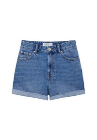 Denim shorts in medium blue with rolled hems, five-pocket design, and a front button closure. Made of sturdy cotton fabric.