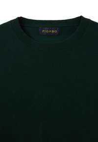 Dunkelgrüner Strickpullover mit rundem Halsausschnitt und gerippten Säumen. Besitzt ein Etikett mit dem Markennamen "PIOMBO" in Gelb auf dunklem Hintergrund.